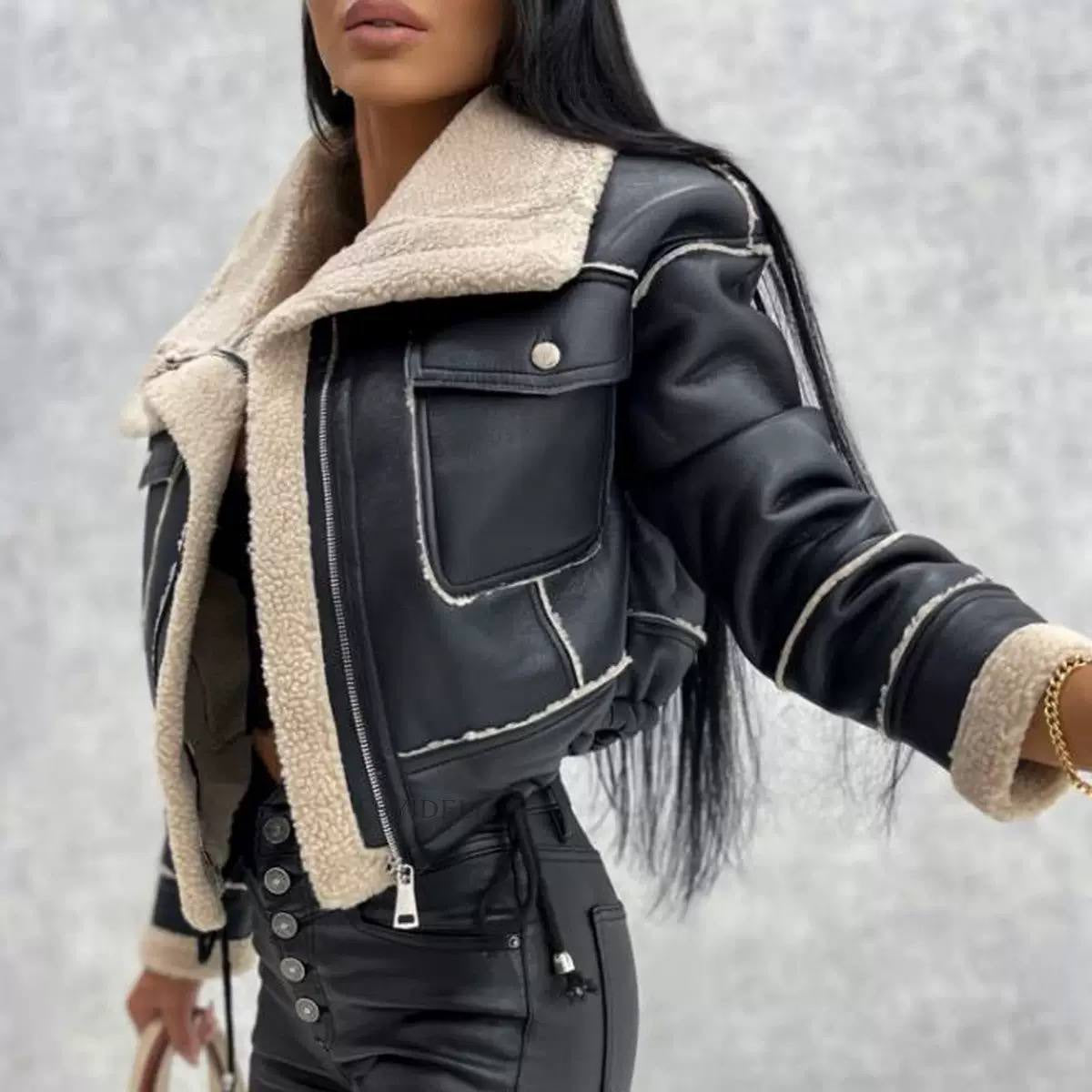 Cropped Zip-Front Jacket With Plush Collar and Pockets – Black