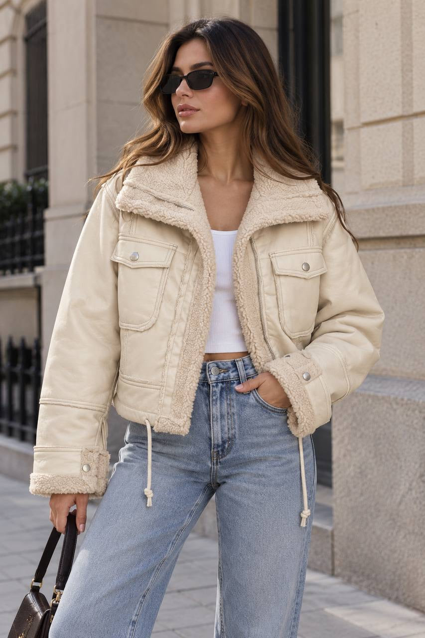 Cropped Zip-Front Jacket With Plush Collar and Pockets – Cream