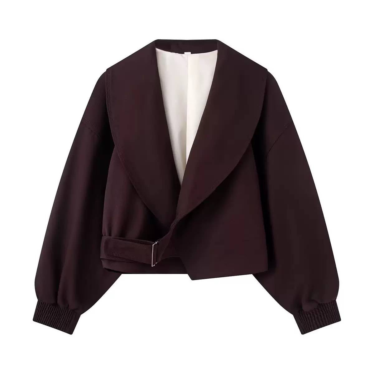 Cropped Shawl Collar Jacket With Buckle Detail – Burgundy