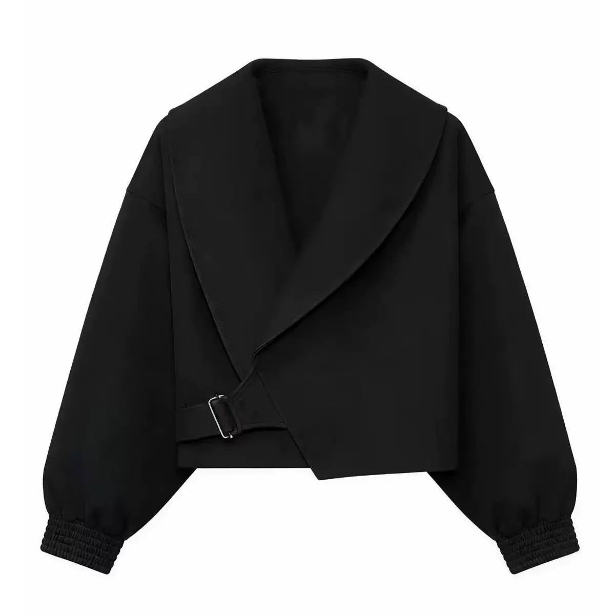 Cropped Shawl Collar Jacket With Buckle Detail – Black