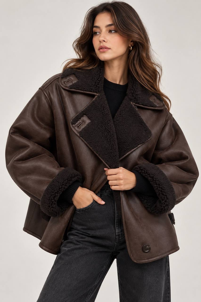 Relaxed Button-Front Jacket With Textured Collar and Pockets – Dark Brown