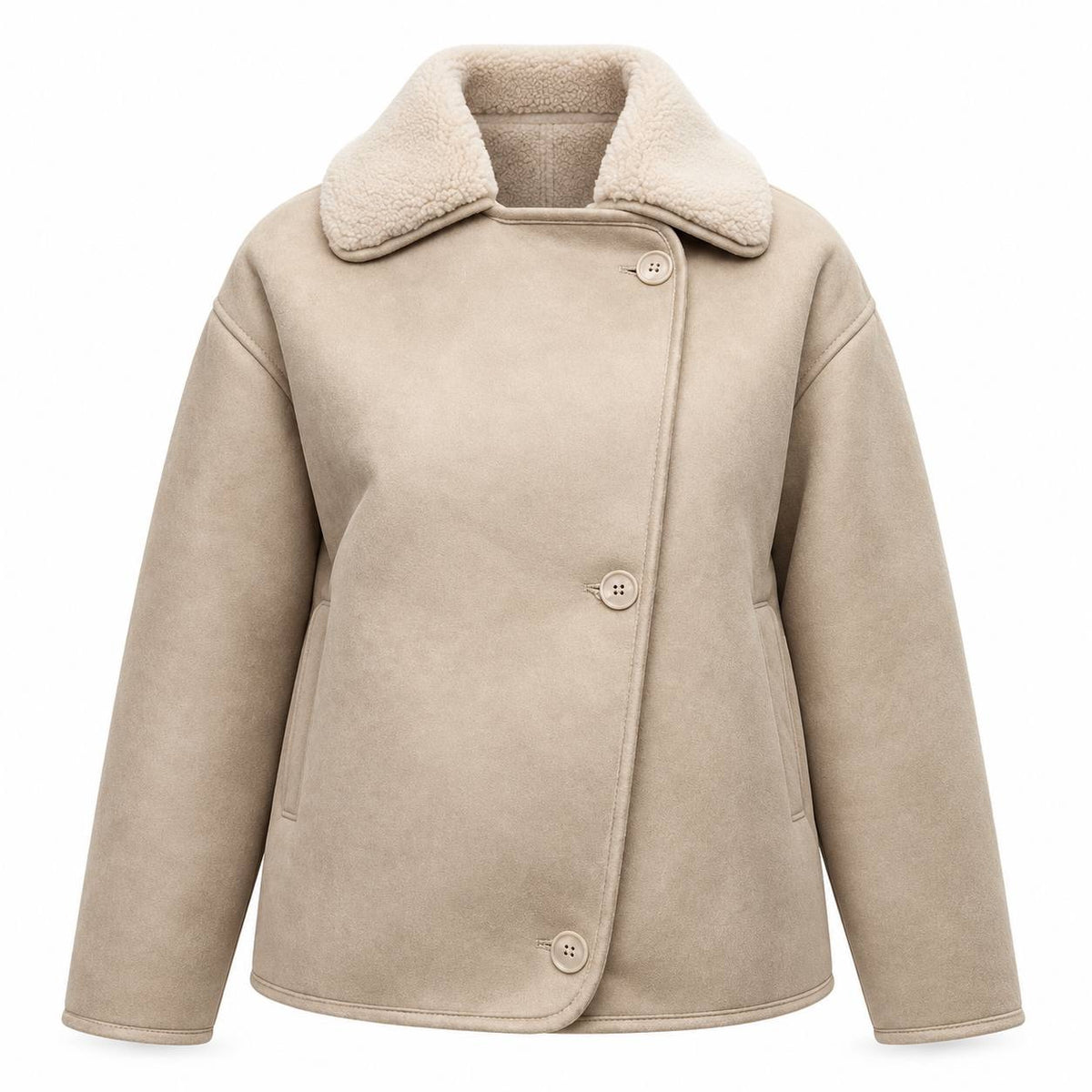 Relaxed Button-Front Jacket With Textured Collar and Pockets – Beige