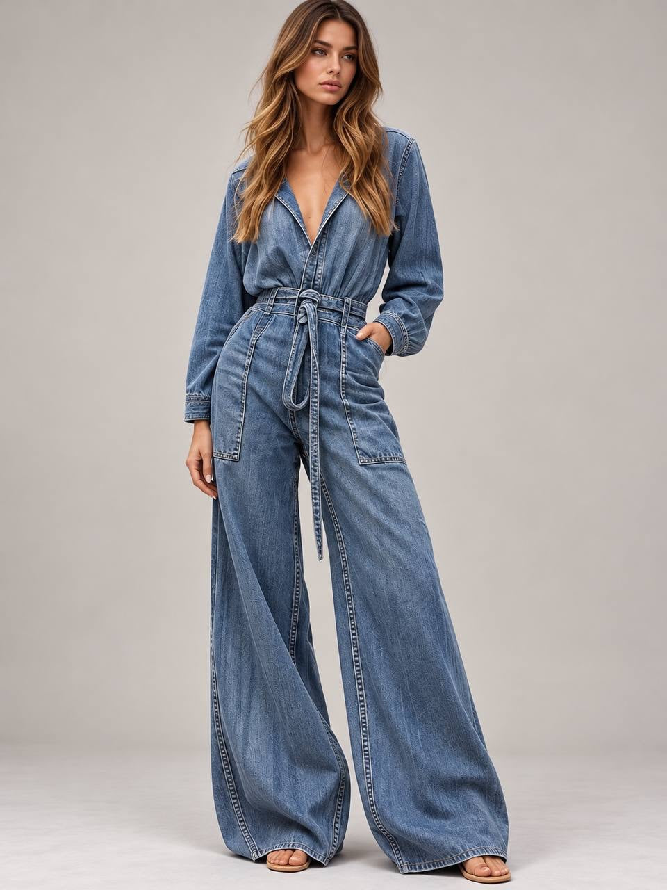 Belted Wide-Leg Jumpsuit With Long Sleeves And Pockets – Blue