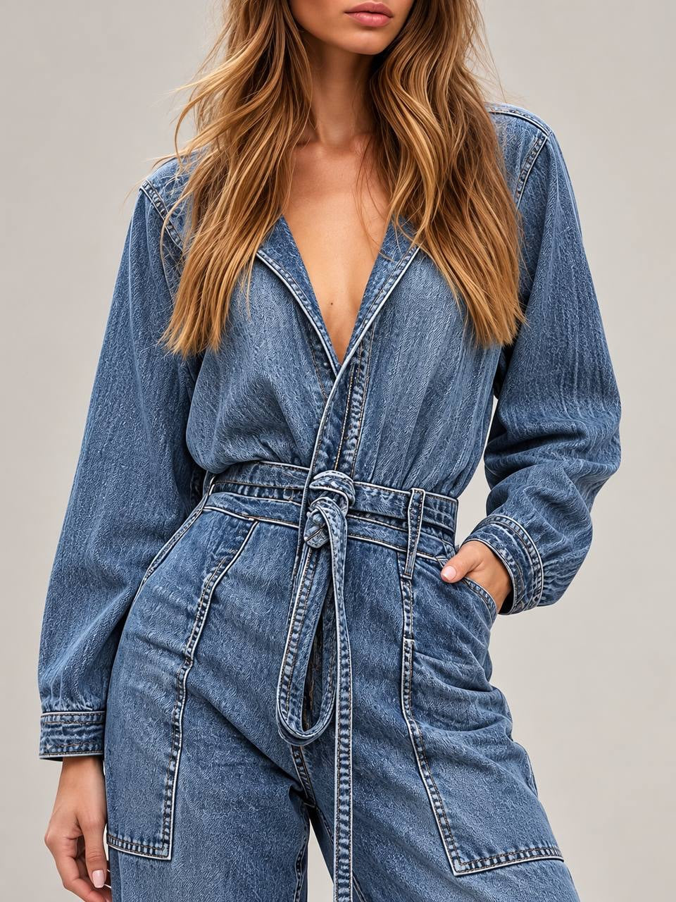 Belted Wide-Leg Jumpsuit With Long Sleeves And Pockets – Blue