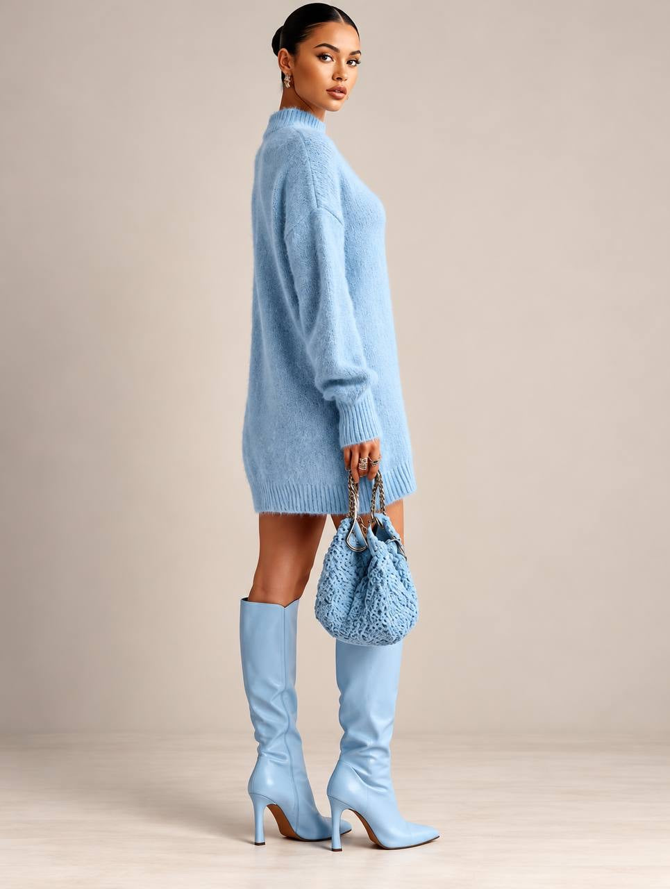 Relaxed Mock Neck Mini Sweater Dress With Long Sleeves – Light Blue