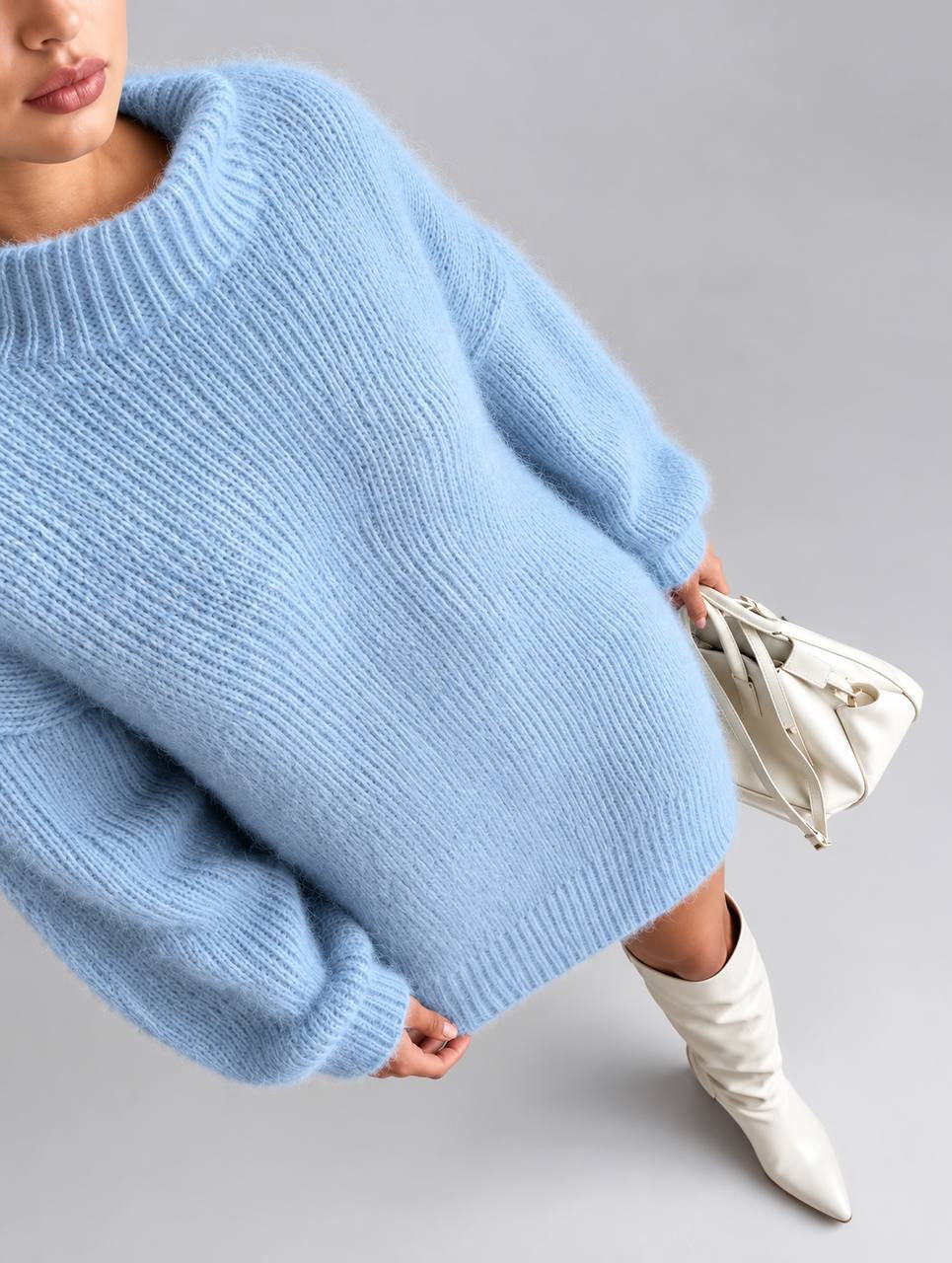 Relaxed Mock Neck Mini Sweater Dress With Long Sleeves – Light Blue