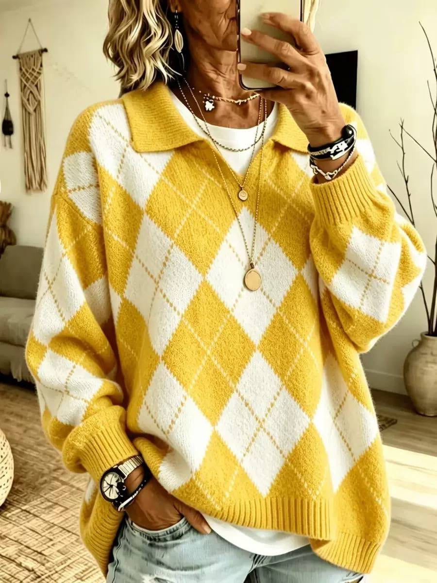 Relaxed Argyle Collared Sweater With Long Sleeves – Yellow Argyle