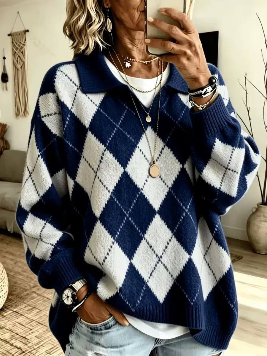 Relaxed Argyle Collared Sweater With Long Sleeves – Navy Argyle