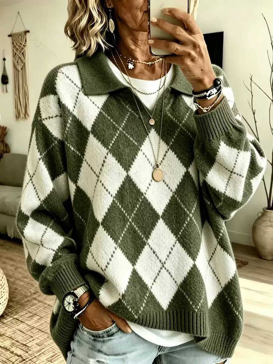 Relaxed Argyle Collared Sweater With Long Sleeves – Olive Green Argyle