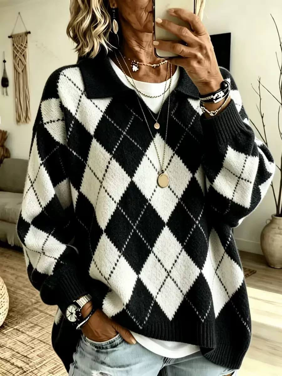 Relaxed Argyle Collared Sweater With Long Sleeves – Black Argyle