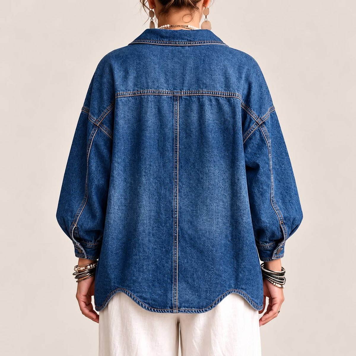 Oversized Button-Front Jacket With Balloon Sleeves – Blue