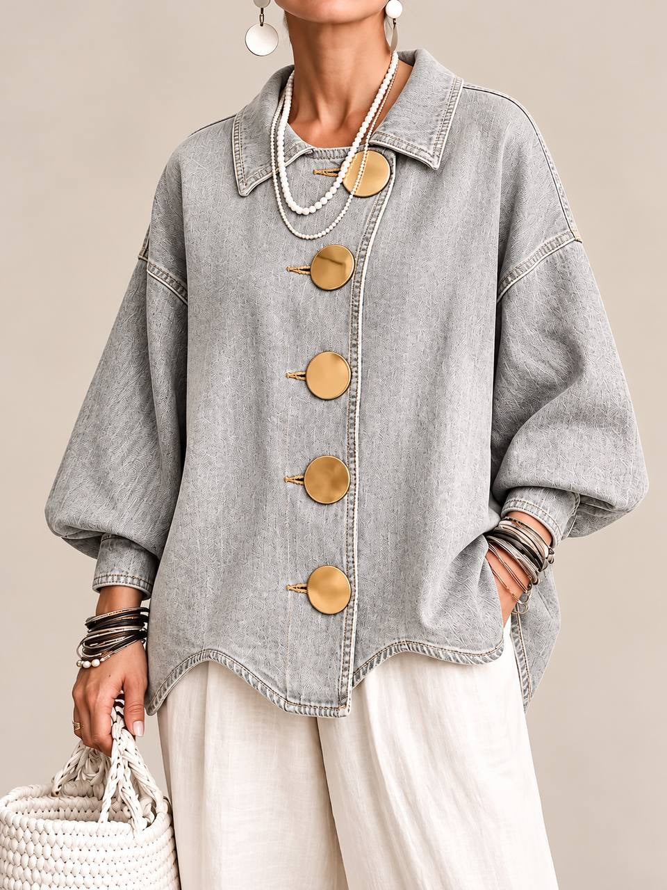 Oversized Button-Front Jacket With Balloon Sleeves – Grey
