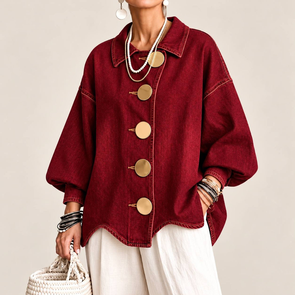 Oversized Button-Front Jacket With Balloon Sleeves – Burgundy
