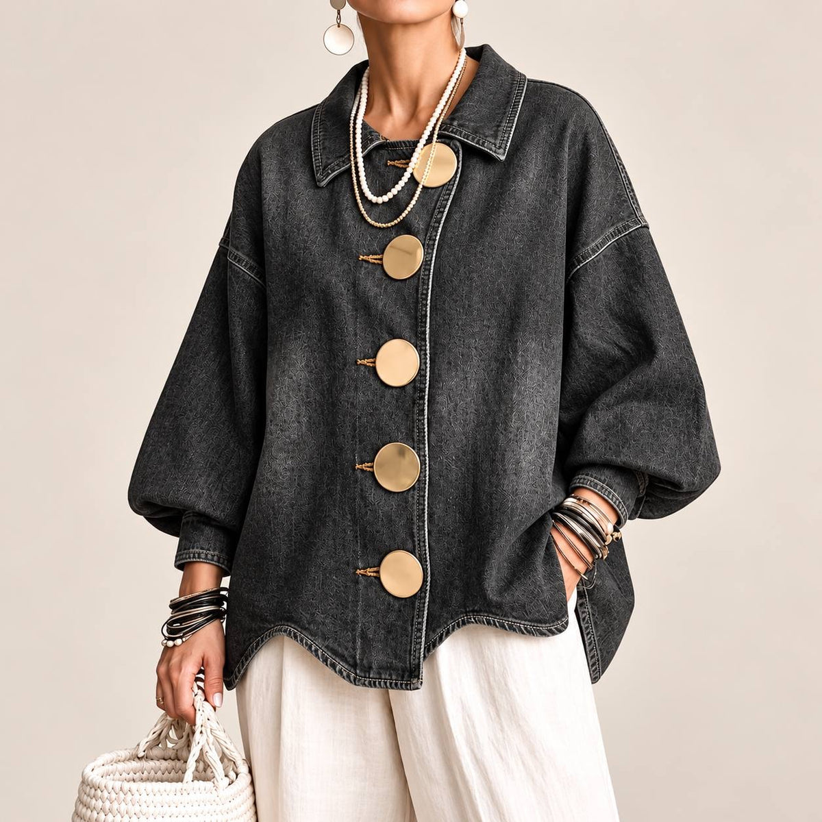 Oversized Button-Front Jacket With Balloon Sleeves – Black