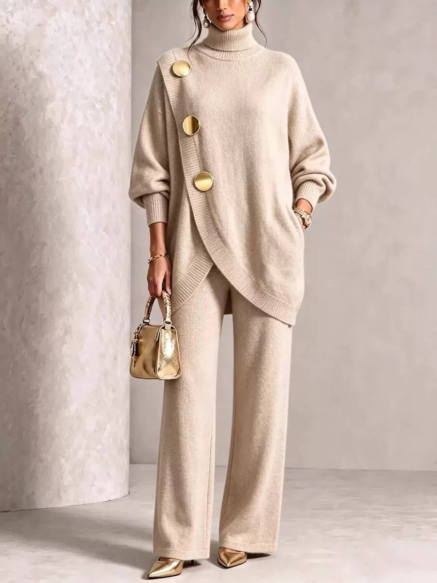 Button-Detail Turtleneck Sweater And Wide-Leg Pants Set – Beige