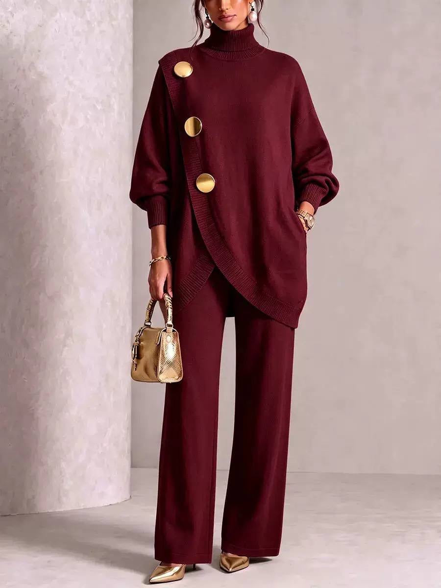 Button-Detail Turtleneck Sweater And Wide-Leg Pants Set – Burgundy