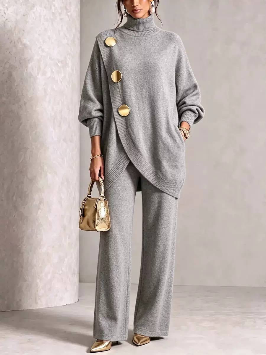 Button-Detail Turtleneck Sweater And Wide-Leg Pants Set – Grey