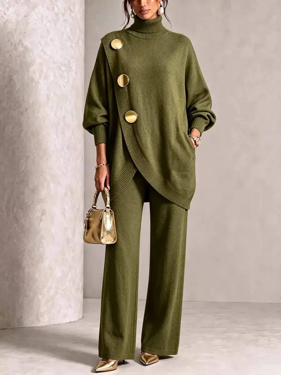 Button-Detail Turtleneck Sweater And Wide-Leg Pants Set – Olive