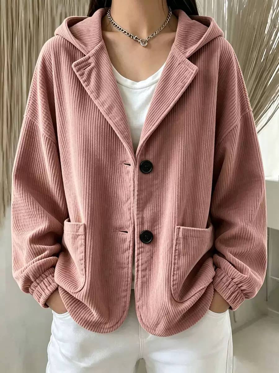 Ribbed Hooded Button-Front Jacket With Patch Pockets – Pink