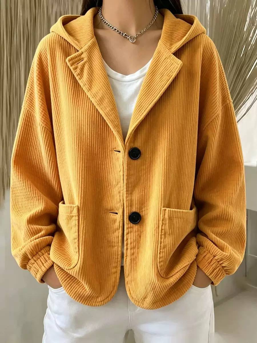 Ribbed Hooded Button-Front Jacket With Patch Pockets – Mustard