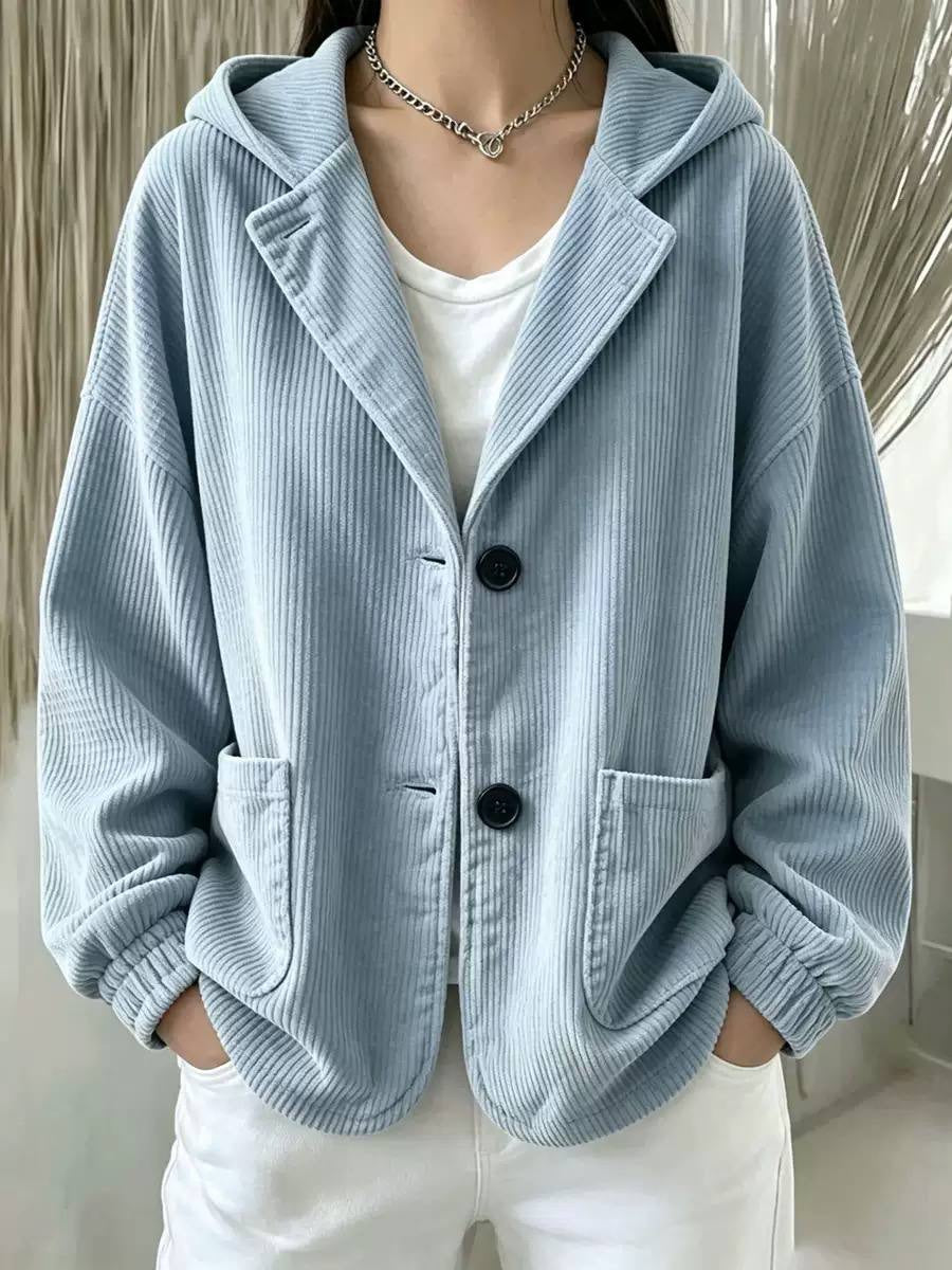 Ribbed Hooded Button-Front Jacket With Patch Pockets – Light Blue