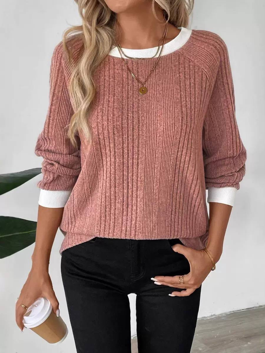 Relaxed Ribbed Crewneck Sweater With Contrast Trim – Dusty Pink