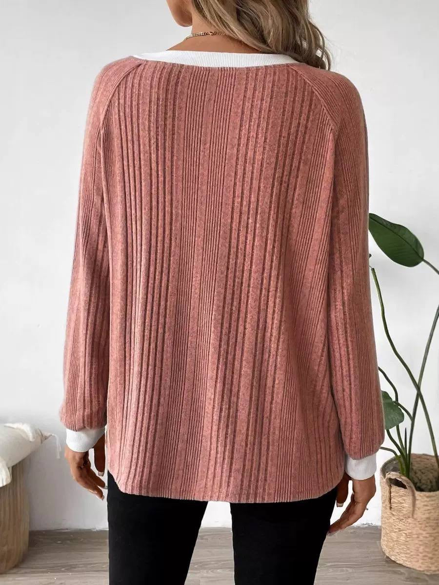 Relaxed Ribbed Crewneck Sweater With Contrast Trim – Dusty Pink