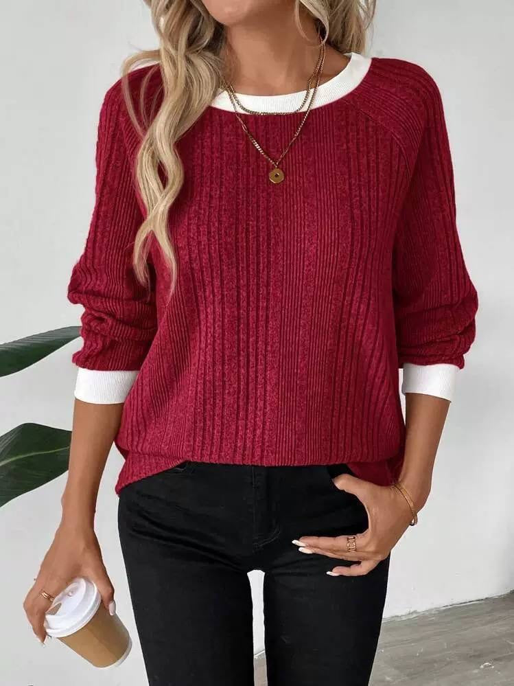 Relaxed Ribbed Crewneck Sweater With Contrast Trim – Burgundy