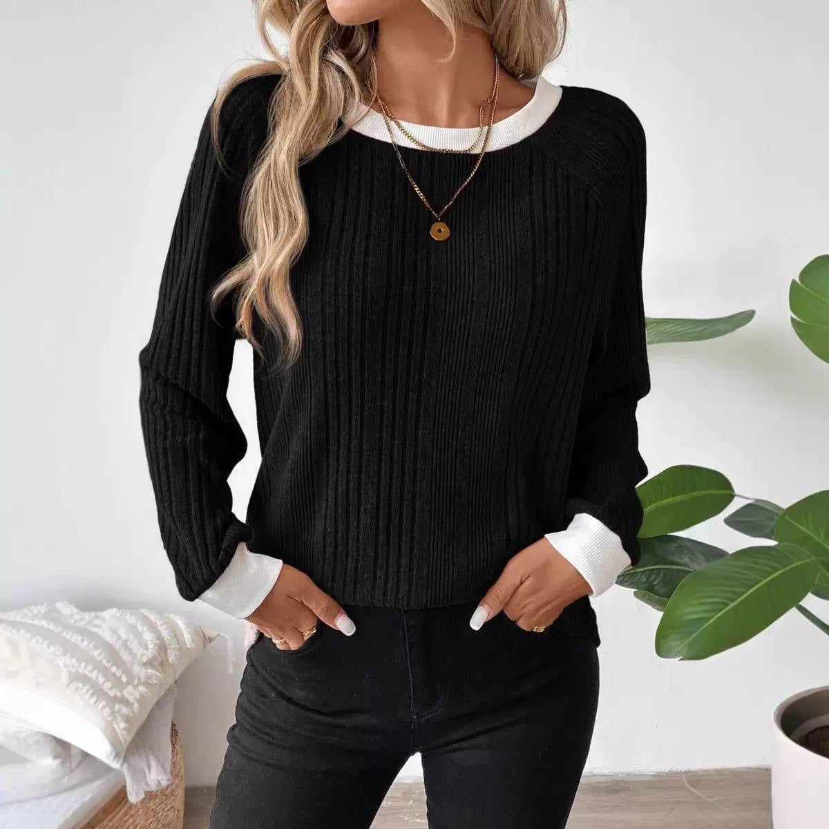 Relaxed Ribbed Crewneck Sweater With Contrast Trim – Black
