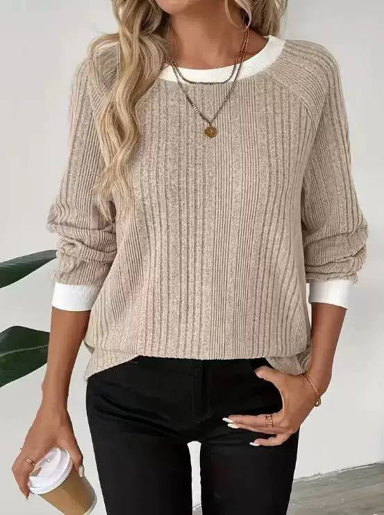 Relaxed Ribbed Crewneck Sweater With Contrast Trim – Beige