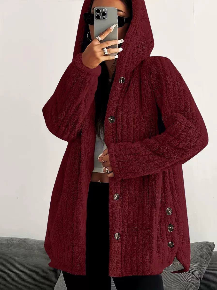 Textured Hooded Coat With Side Button Details – Burgundy