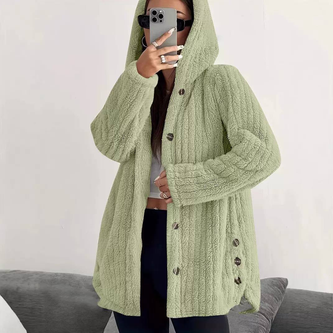 Textured Hooded Coat With Side Button Details – Light Green