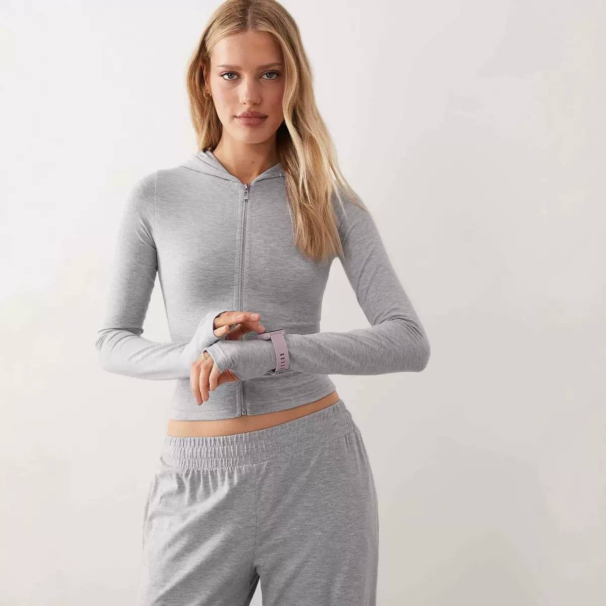 Cropped Zip-Up Hoodie and Wide-Leg Pants Two-Piece Set – Light Grey