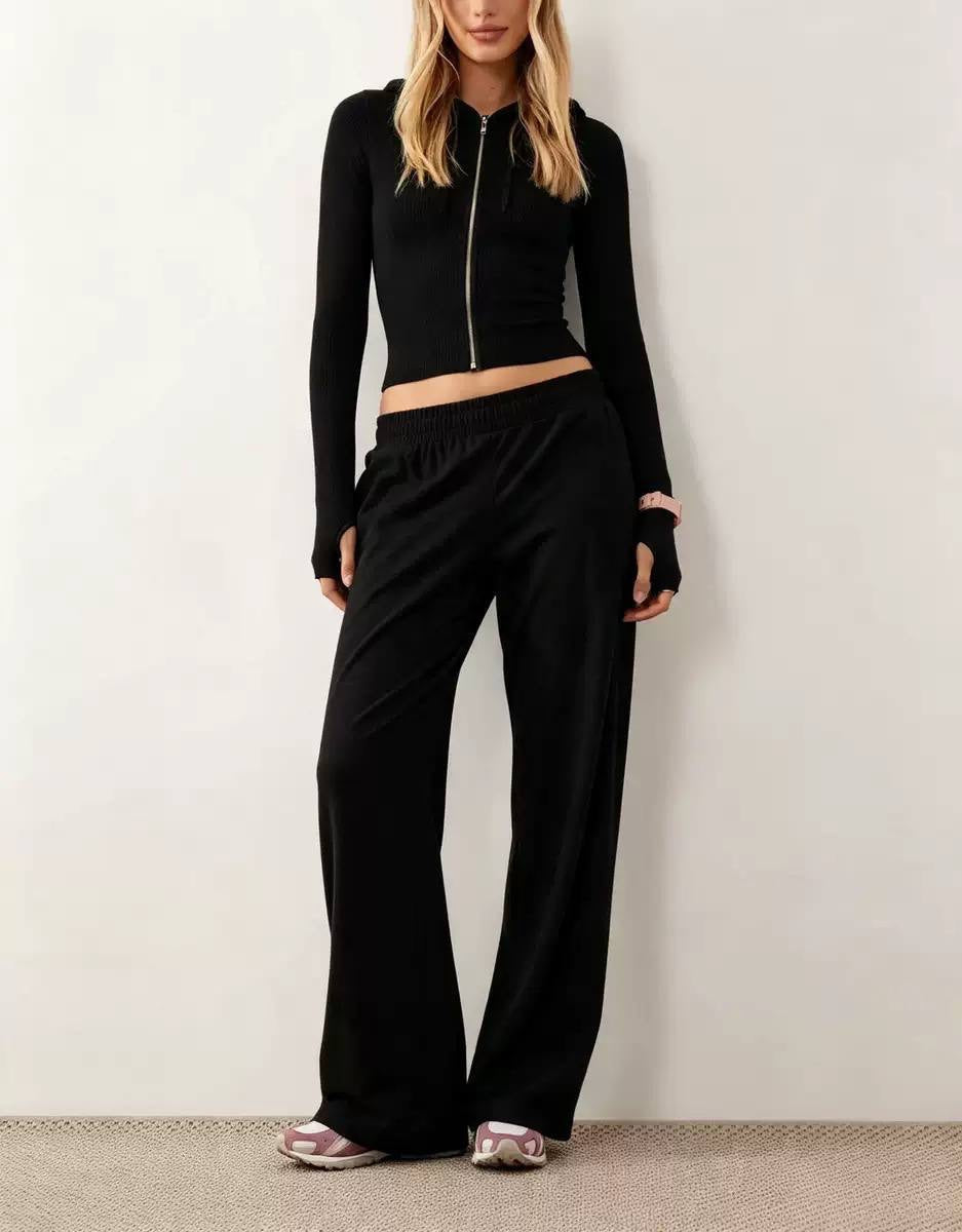 Cropped Zip-Up Hoodie and Wide-Leg Pants Two-Piece Set – Black