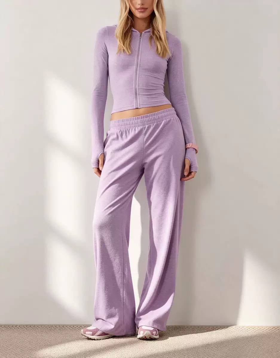 Cropped Zip-Up Hoodie and Wide-Leg Pants Two-Piece Set – Lilac