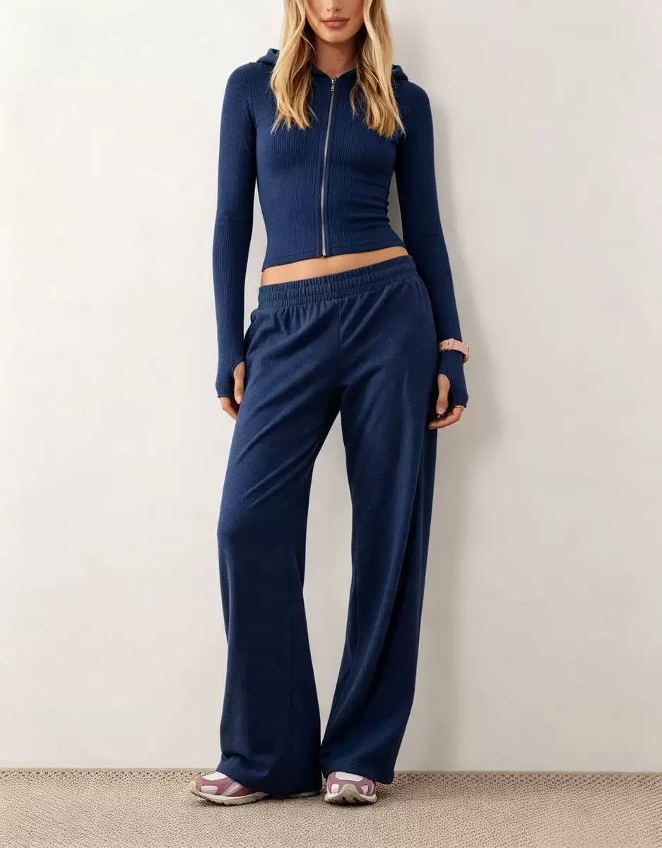 Cropped Zip-Up Hoodie and Wide-Leg Pants Two-Piece Set – Navy