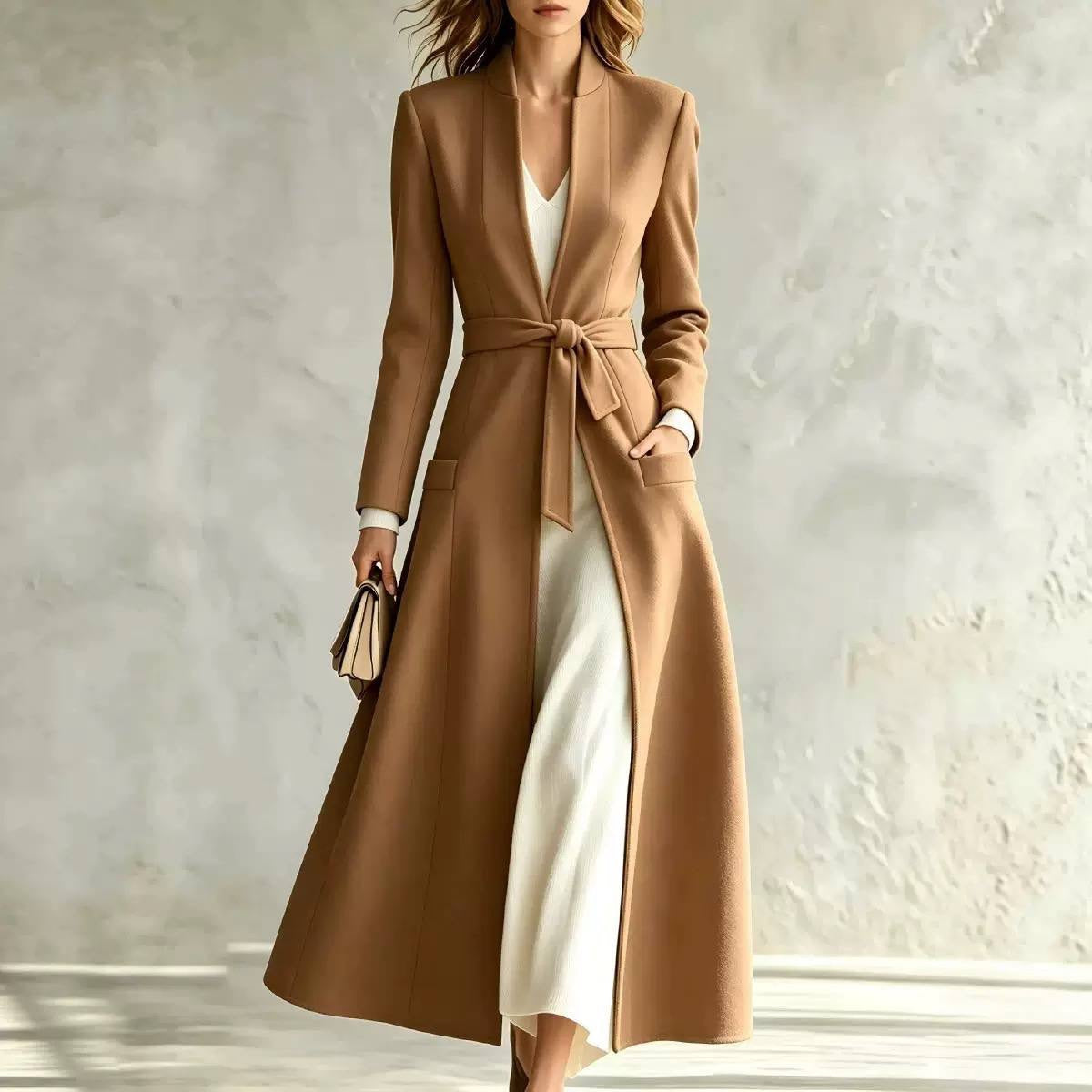 Belted Maxi Coat With Stand Collar and Pockets – Camel