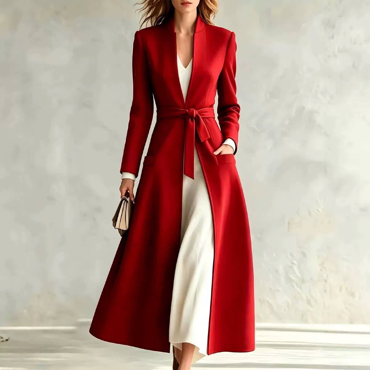Belted Maxi Coat With Stand Collar and Pockets – Red