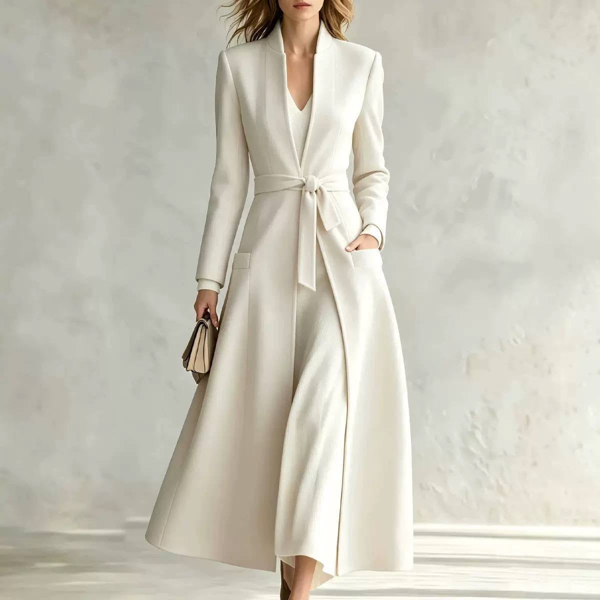 Belted Maxi Coat With Stand Collar and Pockets – Ivory