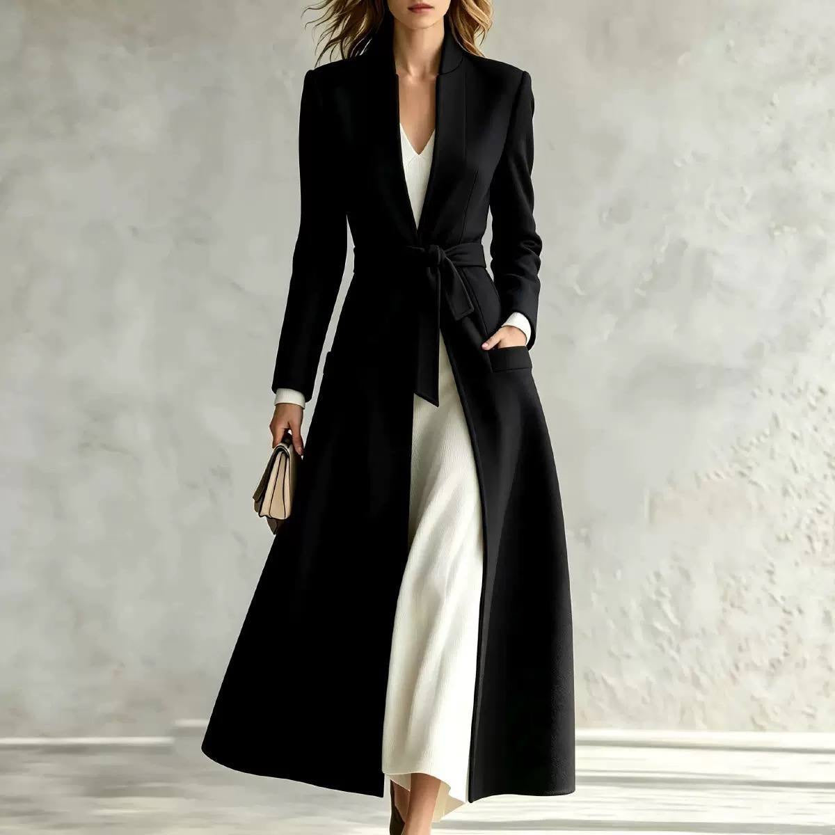 Belted Maxi Coat With Stand Collar and Pockets – Black