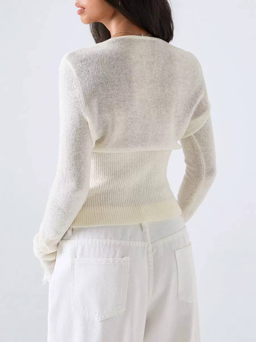 Lace-Trim V-Neck Cropped Cardigan With Long Sleeves – Ivory