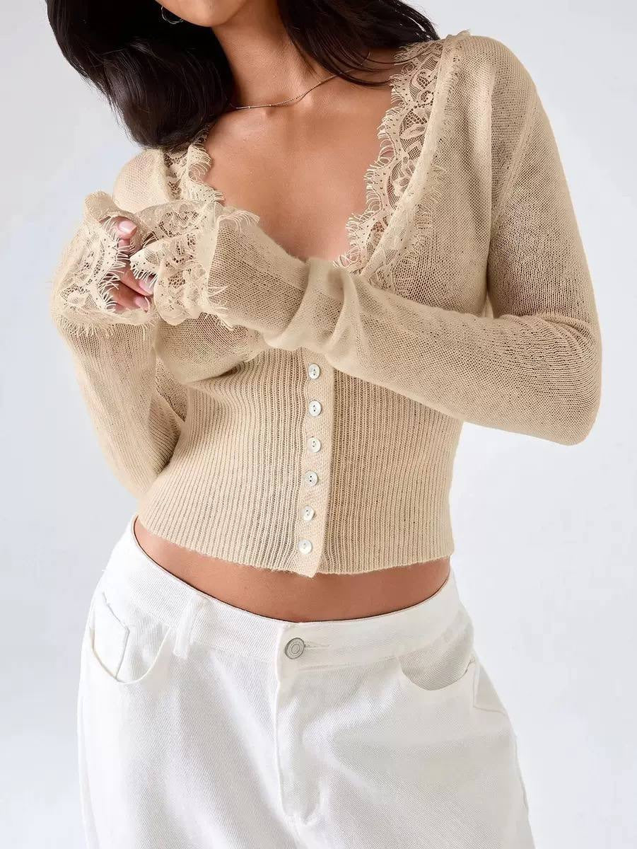 Lace-Trim V-Neck Cropped Cardigan With Long Sleeves – Beige
