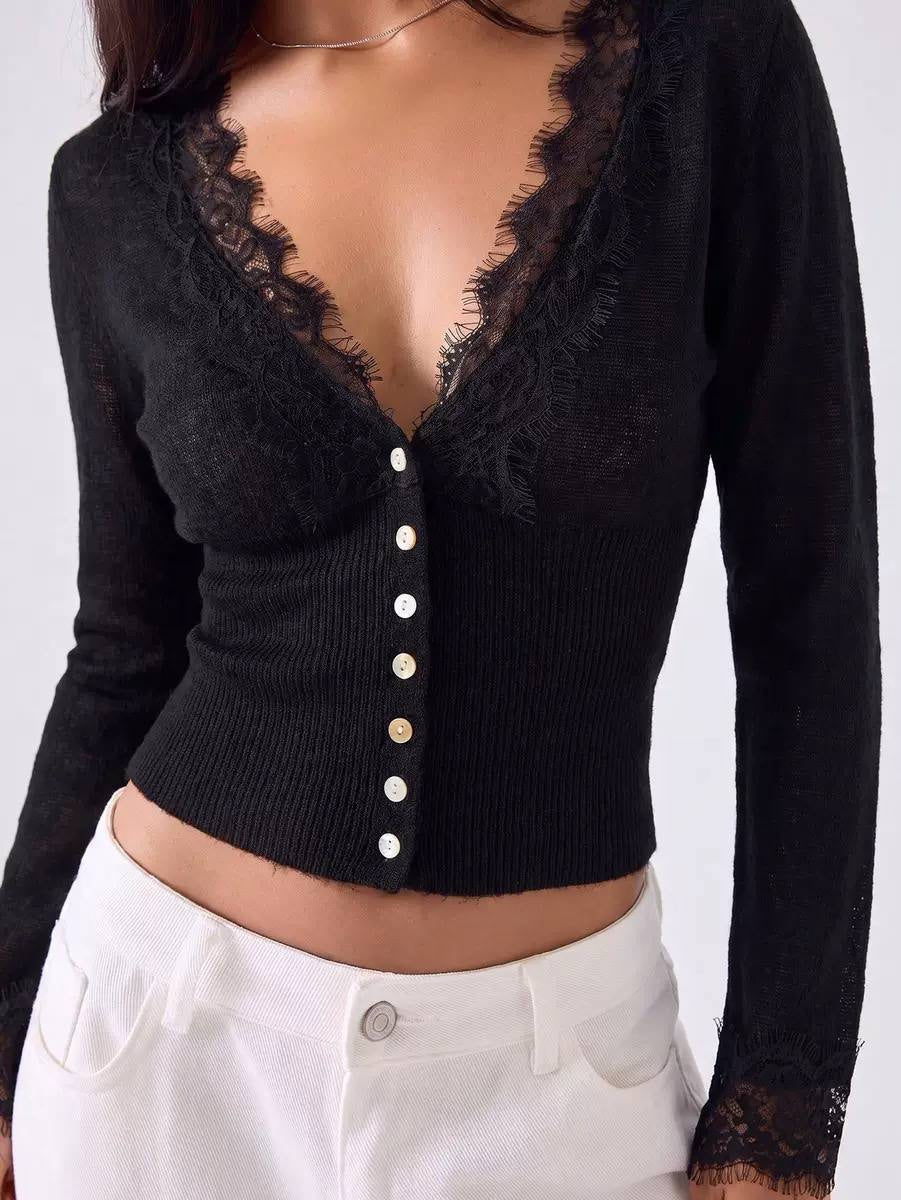 Lace-Trim V-Neck Cropped Cardigan With Long Sleeves – Black