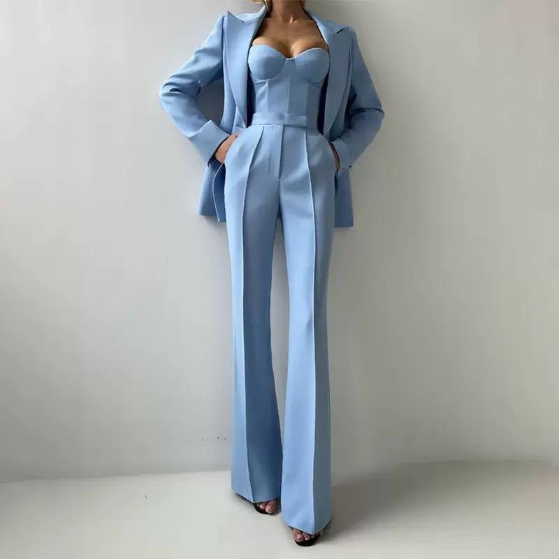 Tailored Blazer, Bustier Top, and Wide-Leg Pants Set – Light Blue