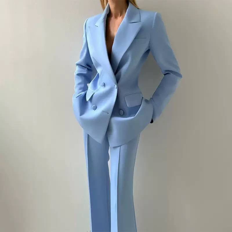 Tailored Blazer, Bustier Top, and Wide-Leg Pants Set – Light Blue