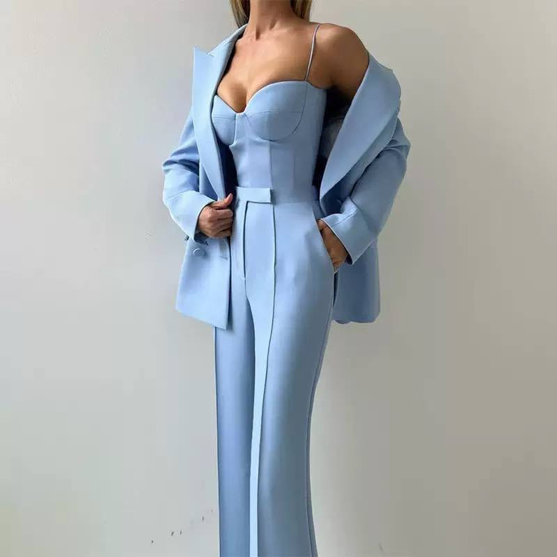 Tailored Blazer, Bustier Top, and Wide-Leg Pants Set – Light Blue