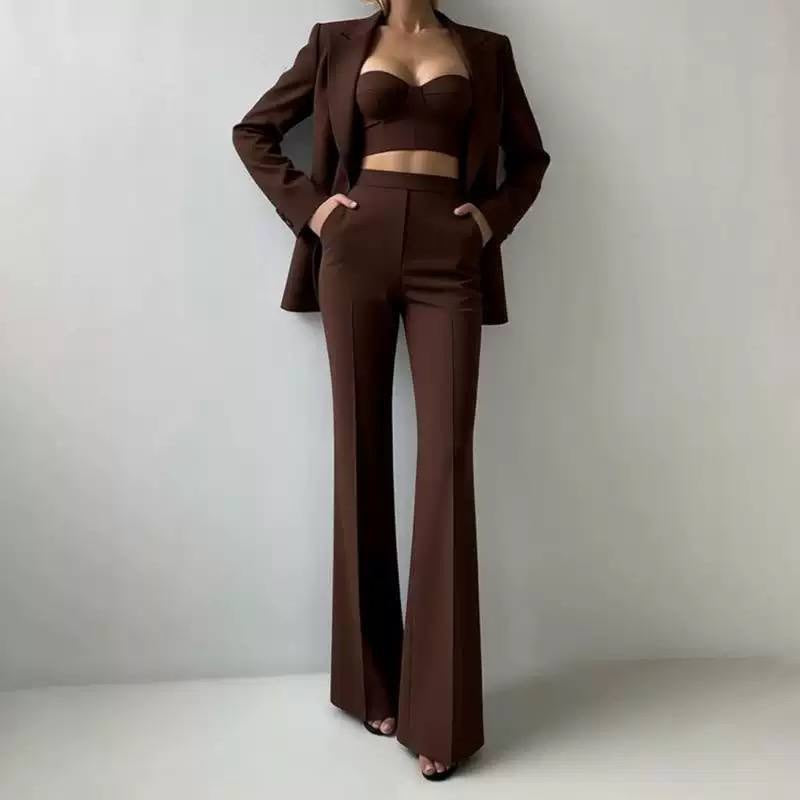 Tailored Blazer, Bustier Top, and Wide-Leg Pants Set – Dark Brown