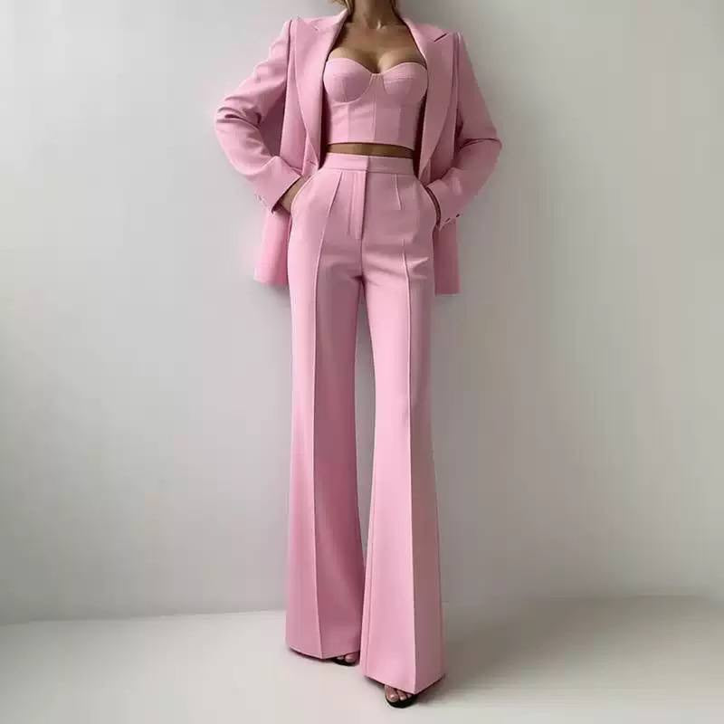 Tailored Blazer, Bustier Top, and Wide-Leg Pants Set – Pink