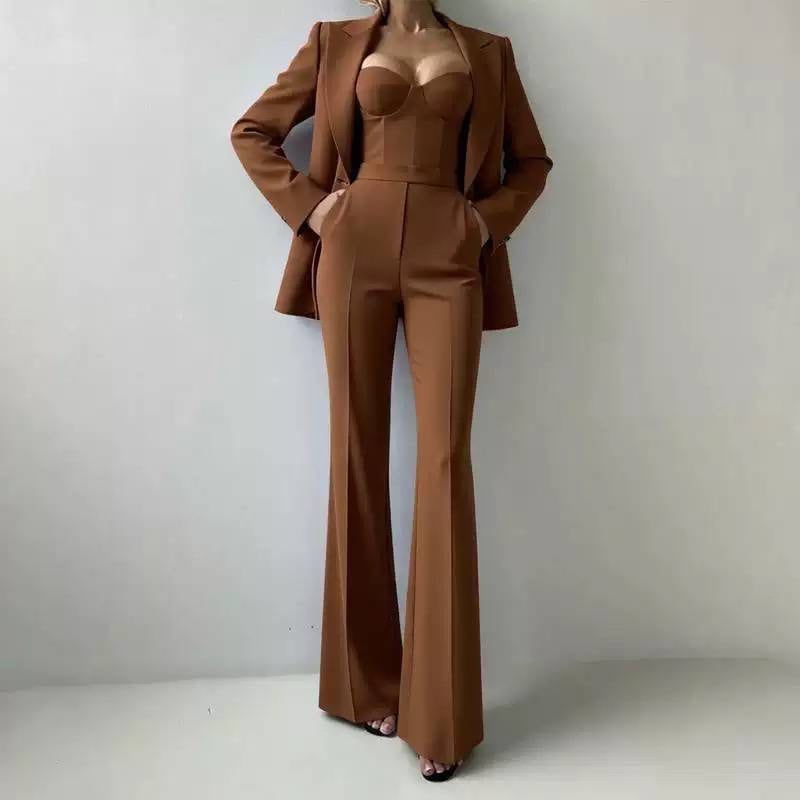Tailored Blazer, Bustier Top, and Wide-Leg Pants Set – Brown