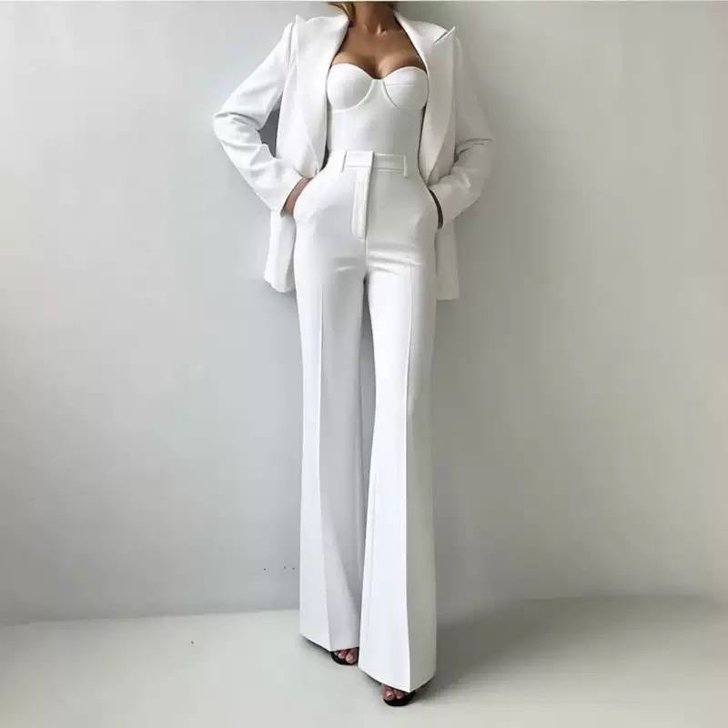 Tailored Blazer, Bustier Top, and Wide-Leg Pants Set – White
